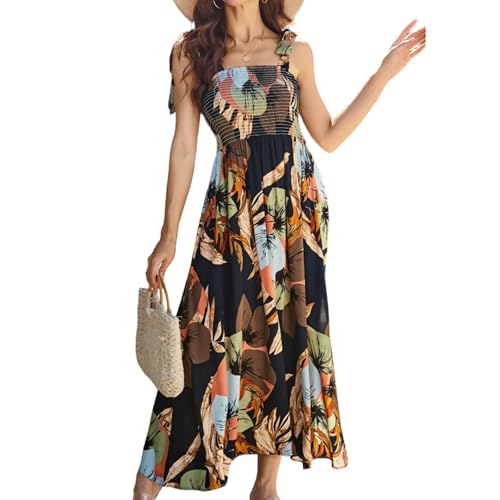 Image of BROVAVE Women Summer Floral Dress: Casual Square Neck Flowy Boho Beach Midi Sundress Sleeveless Tie Shoulder Vacation Daily