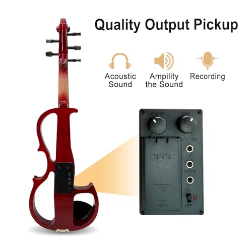 Image of Vetimobato Electric Violin 4 /4 Full Size Solid Wood Silent Violin Set for Adults Beginner Practice Electric Fiddle with Ebony Fittings Hard Case & Bow(5 String Burgundy)