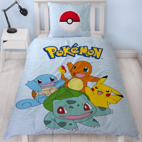 Bettwäsche Pokemon 135x200 - Kinder Gaming Geschenkidee 1x Kissenbezug 80x80 + Bettbezug 135x200 mit Reißverschluss - Wende-Motiv - Pikachu Fanartikel Teenager Jungen und Mädchen Geschenk