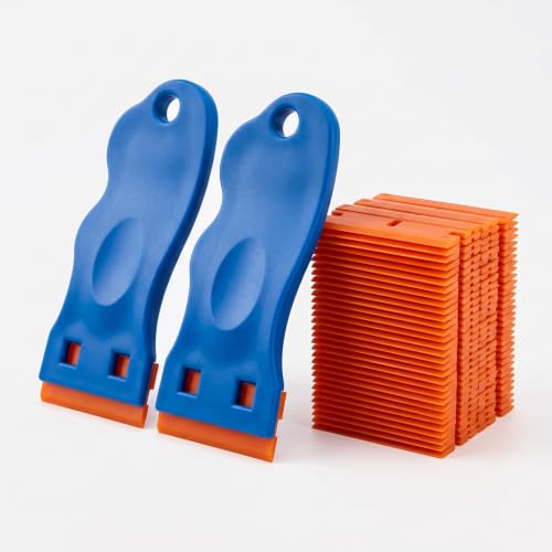 Image of 2 Pack Plastic Scraper with 100 Plastic Razor Blades, Non-Scratch Label Scraper Tool Kit for Glass, Stove, and Windows – Safe Adhesive Remover for Stickers, Decals, Caulk, and Gasket Removal