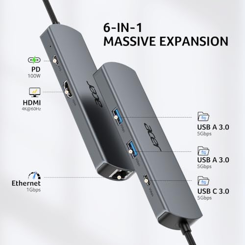 acer 6 in 1 USBC Hub with Ethernet, 4K@60Hz USBC to HDMI Multiport Adapter - image 2