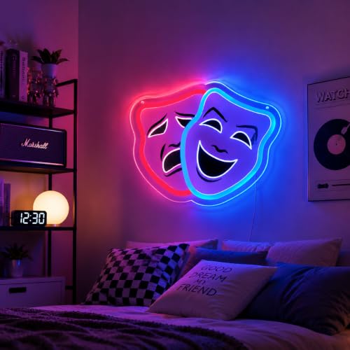 Image of Comedy and Tragedy Masks Neon Sign Theater Drama LED Lights Sign for Wall Decor, Classic Performing Dimmable Neon Light for Bedroom, Theater Room Bar & Studio Decor