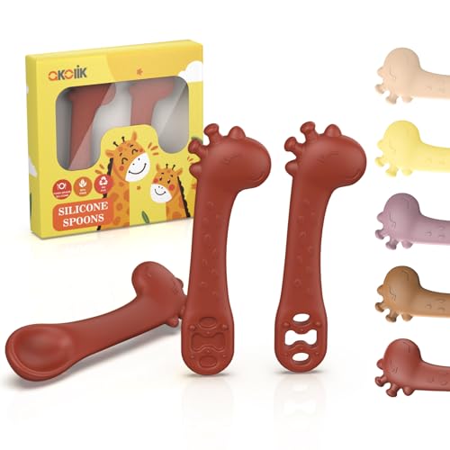 akolik Cuillère Bébé Apprentissage, Silicone Cuillères de Sevrage, Couverts Design Girafe, Anneau de Dentition, Adapté aux Bébés dès 4 6+ Mois