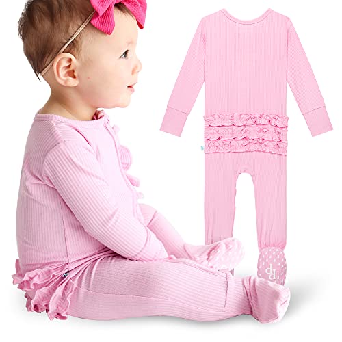 Image of Posh Peanut Footie Pajamas for Baby Girls – Sleepers in Ultra-Soft Viscose from Bamboo with 2-Way Zipper & Ruffle Trim – Newborn to Toddler Sleepwear (Posh Pink, 3-6 Months)