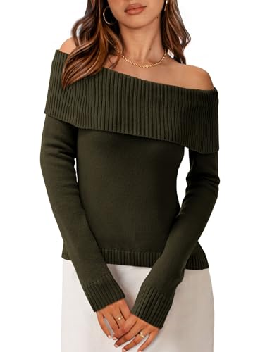 PRETTYGARDEN Off The Shoulder Sweater for Women 2025 Fall Fashion Cute Long Sleeve Tops Winter Ribbed Pullover Knit Outfits
