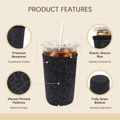 Image of Insulated Neoprene Cup Sleeve for Iced Coffee & Cold Soda - Reusable & Sweatproof, Keeps Drinks Cold Longer, Coffee Coolie for Hot & Iced Drinks (Black Leopard Print, Small: 16-18oz)