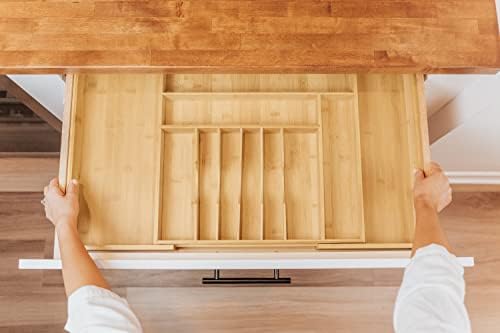 KitchenEdge Taca na sztućce i organizer na przybory kuchenne do szuflad kuchennych, możliwość rozszerzenia do 83 cm szerokości, 11 przegródek, 100% bambus