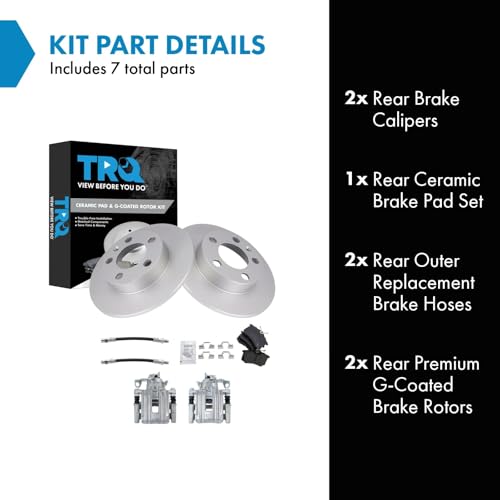 Image of TRQ Rear Brake Pad and Rotor Set Ceramic G Coated Rotors Calipers Compatible with 1999 Volkswagen Jetta