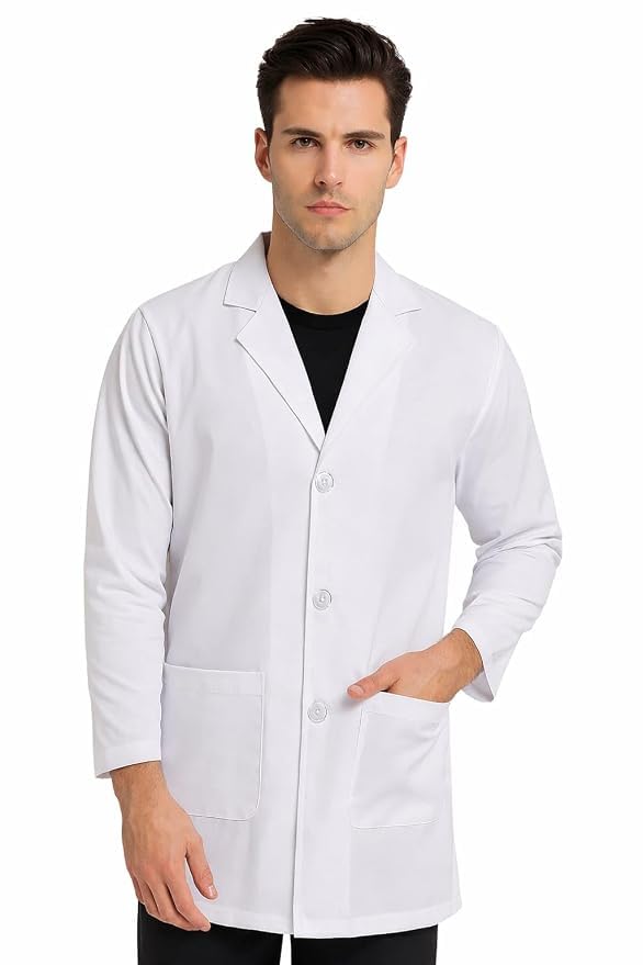 Men's White Lab Coat, Long Sleeve, Button-Front | Notch Lapel Collar, Multiple Pockets, Full Length, Medical & Lab Use, Relaxed Fit-image-11