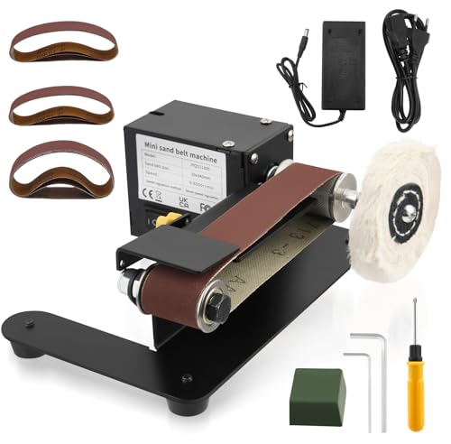 Ponceuse à Bande Mini Électrique 250W, 7 Vitesses Réglables avec 20 Bandes Abrasives 330x30 mm et Disques de Ponçage/Polissage, pour Métal et Bois