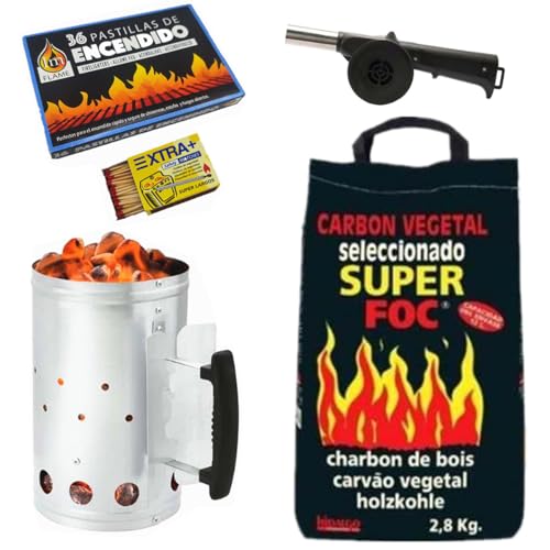 ASGRADO Kit de Barbacoa, Encendedor de Carbón de Acero Inoxidable + Carbón Vegetal 2,8 kg + 36 Pastillas de Encendido + 1 Caja Cerillas + 1 Ventilador de barbaco.