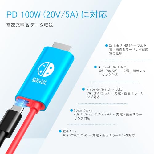 Switch 2 ドック ケーブル HDMI 変換 アダプター 4K@60Hz PD 100W 2m 18Gbps ウルトラハイスピード USB-C HDMI 変換 映像出力 強化耐久性 ニッケルメッキ端子 低遅延 モニター出力対応 ミニ小型 コンパクト設計 持ち運び便利 ハブ コンバーター TV出力 テレビ接続ケーブル と互換性のある Nintendo Switch 2/OLED/2017 青