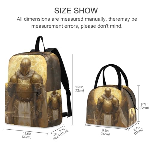 Backpack Lunch Bag Set Golden Knight Print, Big Storage Travel Backpacks with Insulated Lunch Box for Office Hiking Picnic2