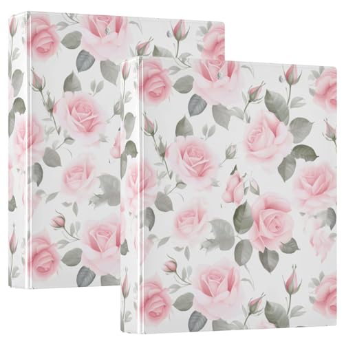 Image of Pink Rose Floral Roses 3 Ring Binder with 2 Interior Pockets 1.5 inch Binders 3 Ring Heavy Duty Fit 8.5 inch x 11 inch Letter Size for Office School, 2 Pack