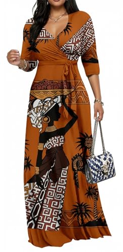 Image of Women's Church Maxi Wrap V Neck 3 /4 Sleeve Tie Waist Plus Size Long Dress | Flattering wrap V-neck design enhances curves. High elastic tie waist accentuates the slimmest part, hides tummy.