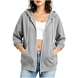 Übergroße Kapuzenpullover mit Reißverschluss für Damen, UK-Kordelzug, Kapuzen-Sweatshirt mit Taschen, weich, leicht, 3/4-Ärmel, Hoodie, Cardigan, Jacken, lässig, warm, Oberbekleidung, Alltag, Reisen
