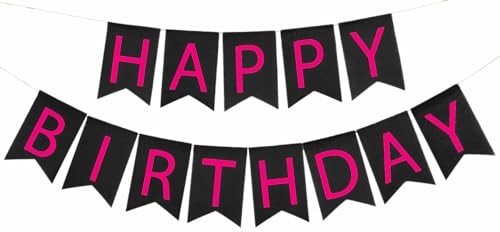 Happy Birthday Banner Hot Pink and Black Imitated Burlap Bday Sign Garland Decorations for Girls Women