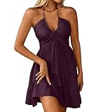 Women's Halter Mini Dress Summer Flowy Tie Backless Sleeveless V Neck Beach Cami Dresses Ruffle Hem A Line Sundress S-2XL Purple