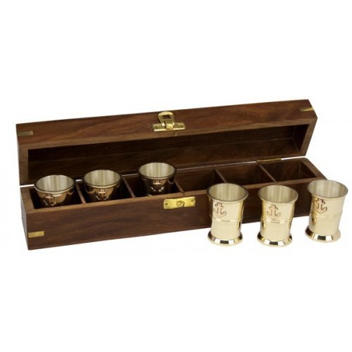 6 Brass Shot Glasses W/ Anchors In Custom Wooden #TOP16