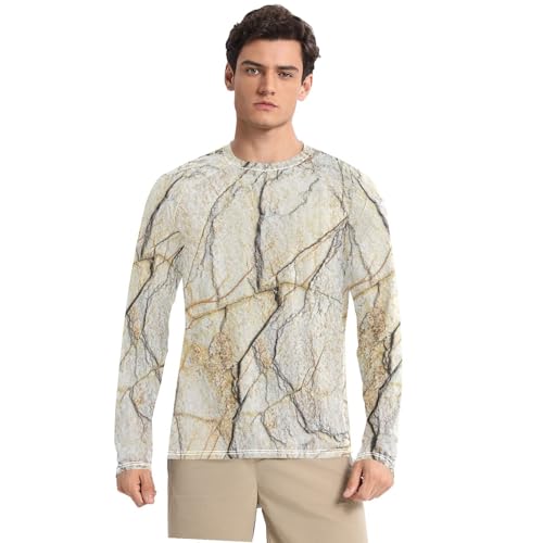 Marble Vintage Beige Pattern Men's Swim Shirts UPF 50+ Elastic Round Neck Men's Sun Shirt Long Sleeve Summer