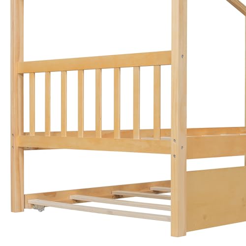 Image of Twin Size Creativity House Bed with Roof Frame and Twin Size Trundle, Montessori Wooden Platform Bed with Sturdy Slats Support for Kids Teens Girls Boys, No Box Spring Needed (Natural-02, Twin)