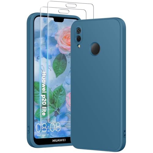 PuyaTeya 3 in 1 Hülle für Huawei p20 lite, mit 2 Stück 9H Panzerglas Premium Liquid Silikon Hülle, mit 4-Layer stoßfeste abriebfestes, Soft Mikrofaserfutter Kratzfes Schutzhülle (bei Nacht Blue)