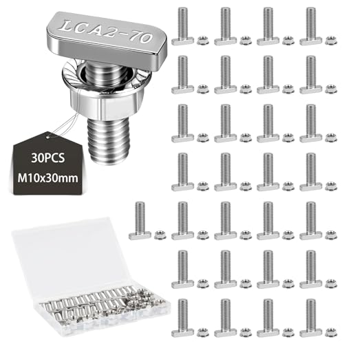 EXLECO 30 Pcs Boulons à Tête en T M10x30 vis à tête Marteau avec Boîte en Plastique vis de Serre en Inox avec écrous à Bride pour Serre Profilés en Aluminium Rail de Montage Solaire à 10mm Gorge