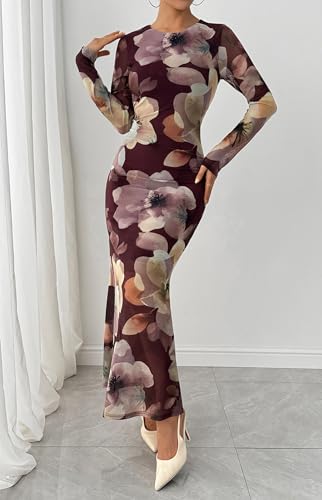 BTFBM Wedding Guest Dresses for Women Fall Fashion 2025 Bodycon Long Sleeve Boho Mesh Party Cocktail Floral Maxi Dress4