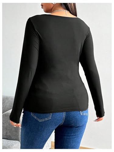 SOLY HUX Women's Plus Size Contrast Lace Deep V Neck T Shirt Long Sleeve Slim Fit Tee Top2