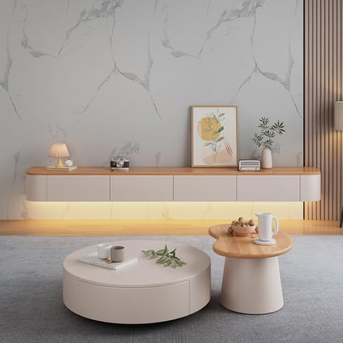 Image of Floating TV Stand Wall Mounted - Wall Entertainment Center with Flip-Down Doors & Drawers, Modern Hanging TV Shelf for Living Room, Media Console for 65 /75 80 Inch TVs (White+Wood- B, 86.6IN /220CM)