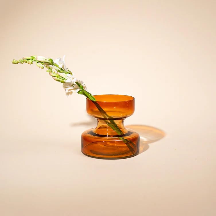 Short Tinted Glass Flower Vase for Home Decor | Decorative Handblown Glass Vase for Living Room, Table Decor, Wedding & Housewarming Gift | Haze Brown-image-0