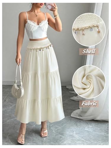 GORGLITTER Women's Summer Flowy Maxi Skirt Boho Trendy Shell Smocked Waist Ruffle A Line Beach Long Skirts4