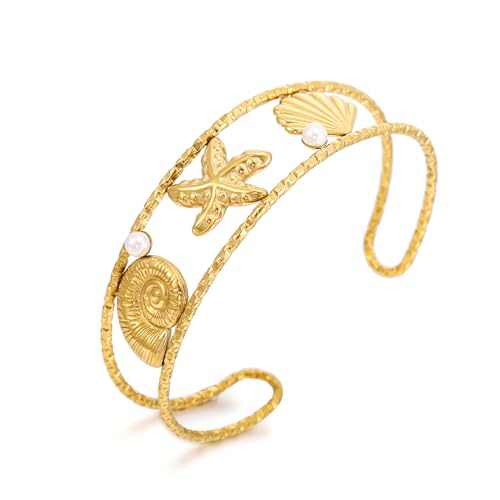 Gold Starfish Seashell Coach Cuff Bangle for Women Ocean Theme Bracelet Summer Jewelry