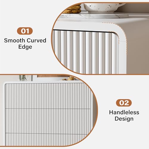 Image of Furniway Bedroom Dresser Set 3 Piece, 5 Drawer Curved Dresser with 2 Nightstands, Modern Fluted Wood Storage Cabinet, White Chest of Drawers with Pop-Up Design, White