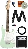 Fender Squier 3/4-Size Kids Mini Strat Electric Guitar - Surf Green Bundle with Amplifier, Cable, Tuner, Strap, Picks, Online Lessons, and Austin Bazaar Instructional DVD
