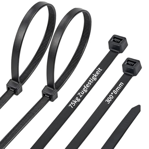 20 Stück lange Kabelbinder Schwarz 300/400/500mm mit 75 kg Zugfestigkeit UV-Beständig ultra stark für Innen- und Außenbereich Mehrzweck selbstsichernd Industrie