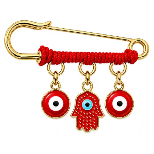 Image of 18K Gold Plated & Silver Tone Red Hamsa Protection Charm Pin - Evil Eye Jewelry for Women, Babies, Infants & Toddlers - Hamsa & Evil Eye Symbol Charm - Red String Lucky Amulet for Good Luck - Fits Stroller & Blanket, 1.5 Inch