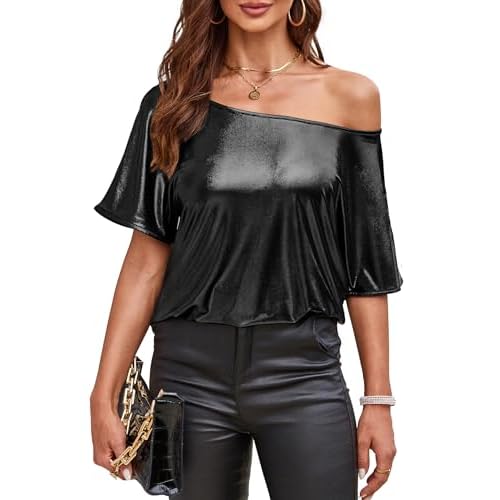 VIDUSSA Women's Off Shoulder Tops Sequin Sparkly Glitter Casual Loose Shirts Short Sleeve Tunic Blouses XX-Large Black