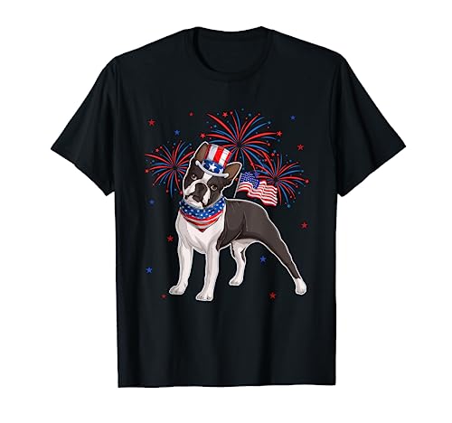 Boston Terrier Costume American Flag 4th Of July Fireworks Camiseta