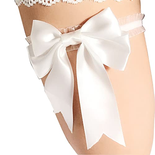 Yikisdy Wedding Leg Garter Set Satin White Bride Bow Garter Stretch Garter Belt Prom Bridal Accessories for Women and Girls