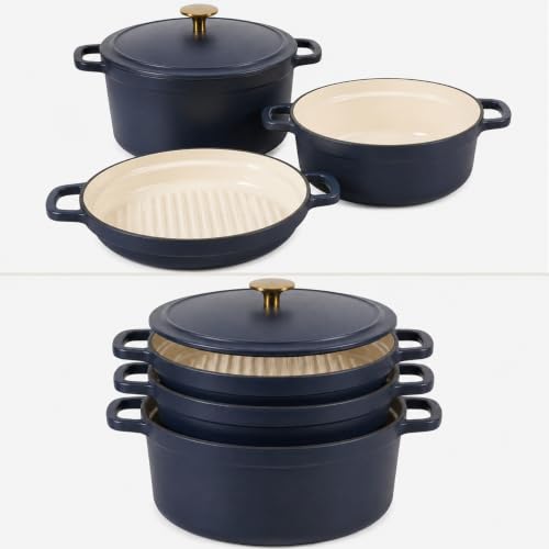 Sur La Table Kitchen Essentials 4-Piece Enameled Cast Iron Stackable Cookware Set 5.3 Qt Dutch Oven with Lid Braiser & Grill Pan Navy Blue Gold Knob Oven Safe to 500F Induction Compatible
