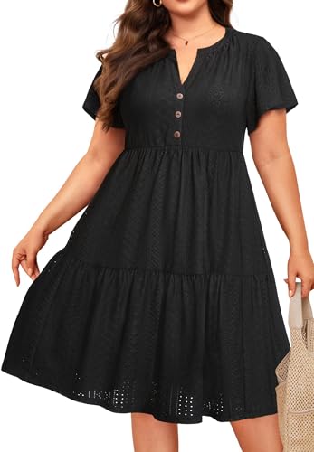 Image of Talisea Black Dress Eyelet Summer Casual Beach Short Sleeve V Neck Ruffle Tiered Button Up Boho Sundress Women