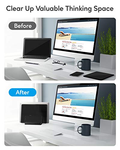 Vertical Laptop Stand - AboveTEK - 3 Slots for Computer, Tablet, Phone - Fits All Laptop Models (up to 17.3\") - Heavy Duty Polished Aluminum Desktop Holder - Anti Slide Silicone Grips - Black