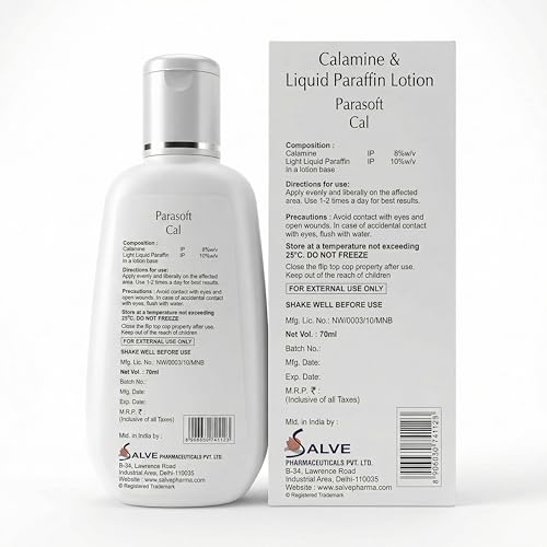 Image of Parasoft Cal Calamine and Liquid Paraffin Lotion 70ml | Enriched with Aloe Vera Gel and Rose Oil | Soothes Rashes, Itching, Sunburn and Insect Bites | For Oily, Combination and Sensitive Skin | Face and Body Use