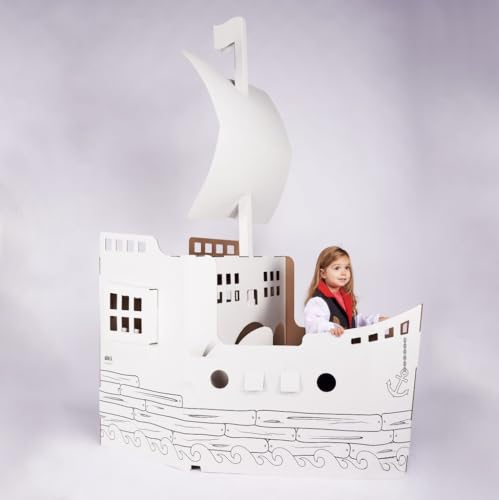 Wiplii - Bateau Pirate en Carton - Jeu Géant : 1m50x 78cm x 2m11 - Jeu Dès 3 Ans - Idéal Cadeau d'anniversaire, Noël ou Décoration