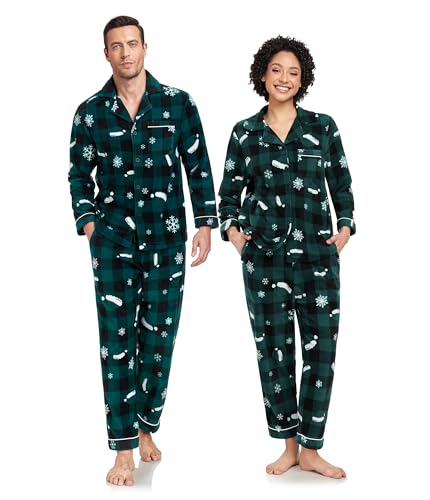 COLORFULLEAF Couples Matching Chritsmas Pajamas Sets Fleece Plaid Button Down Pjs Set Soft Warm Loungewear with Pockets