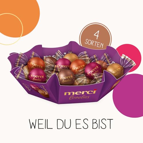 merci lovelies Creamy – 1 x 185 g – Pralinen-Schachtel mit 4 gefüllten Schokoladen-Spezialitäten – Schokokugeln zum Teilen & Verschenken