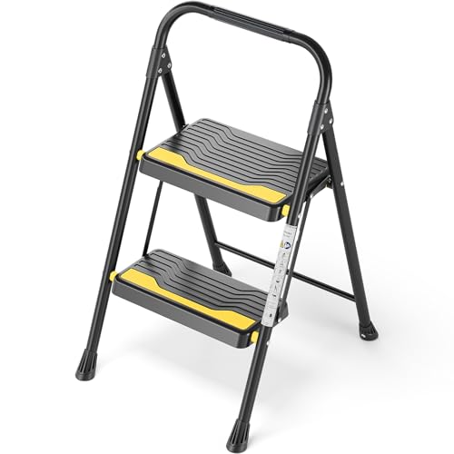 Urackify Trittleiter 2 Stufen Klappbar Leiter, Hochbelastbar bis 150 kg, Tritt Breite Rutschfeste Stufen, Handlauf, Kompakte Haushaltsleiter Stehleiter für Haushalt Küche, Büro, Vorratskammer, Schwarz