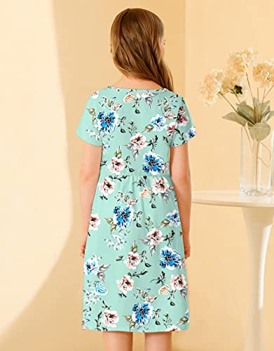 Kymidy Girls Short Sleeve Floral Dress Kids Casual Boho Midi Dress With Pockets, Green, 8 Years #TOP5