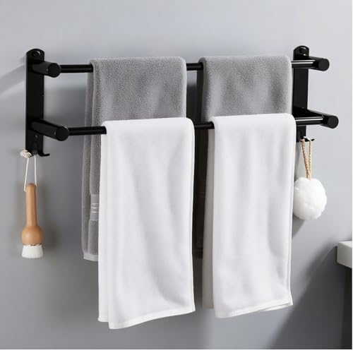 MEKENSO SUS304 Dual Bar Adjustable Towel Bar, Expandable Space Saving Towel Rack, Bathroom Towel Holder with Double Hook 16.9 to 29.9 Inch, No Drill/Screw Installation.(Black) by MEKENSO - Used condition - CA$12.75